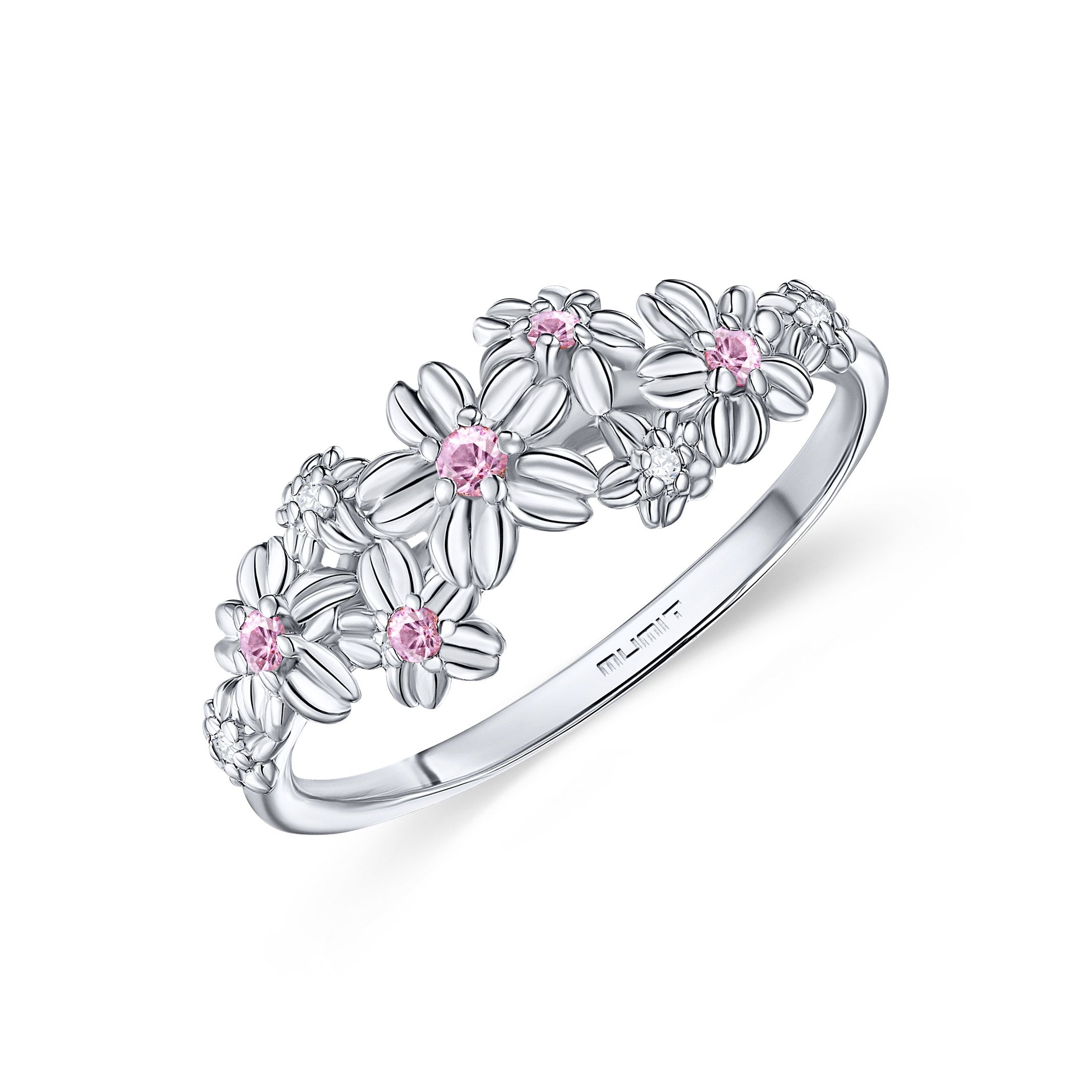 Sortija Sakura de Zafiros Rosas y Diamantes en Oro Blanco de 18 Kt