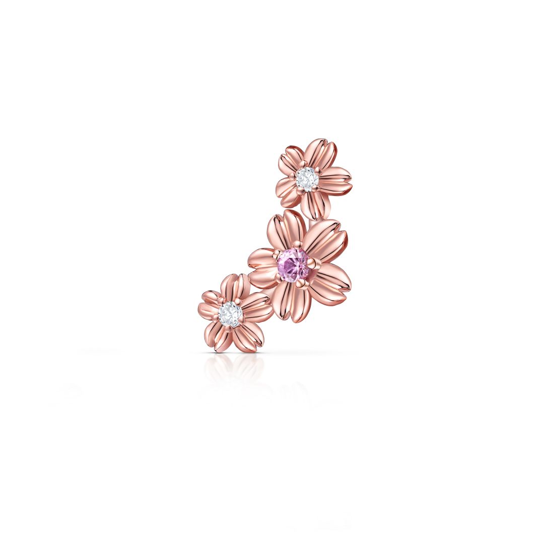 Pendiente Piercing Trepador Sakura de Zafiro Rosa y Diamantes en Oro Rosa de 18 Kt